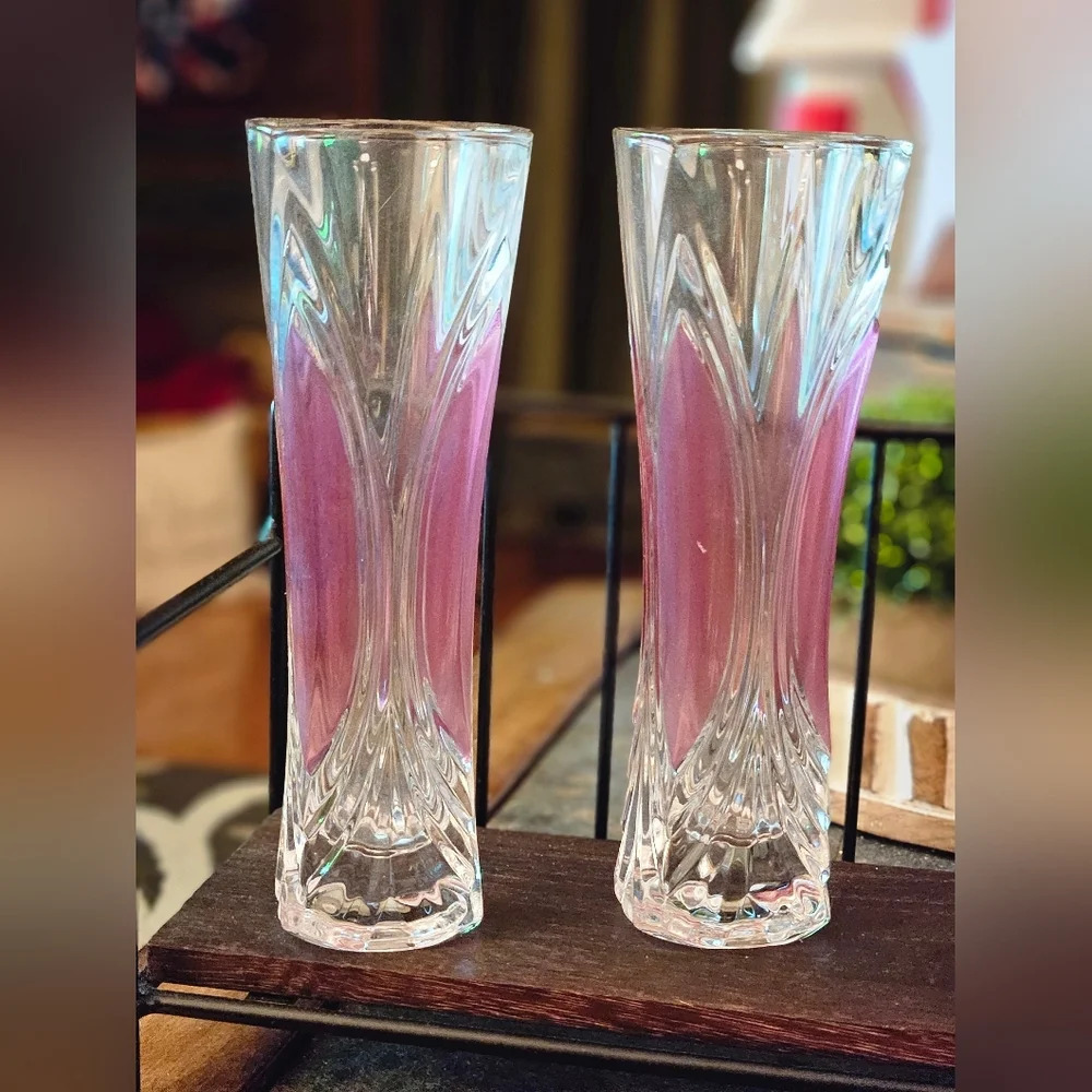 Cristal D'Arques 6 3/4 “Chatelet Pink Accents" vases. Set of 2